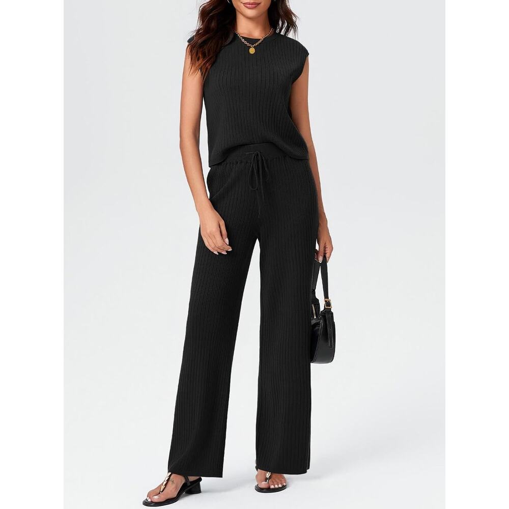 Imily Bela Women 2 Piece Ribbed Knit Top Wide Leg Pants Set Black S New - Picture 2 of 5